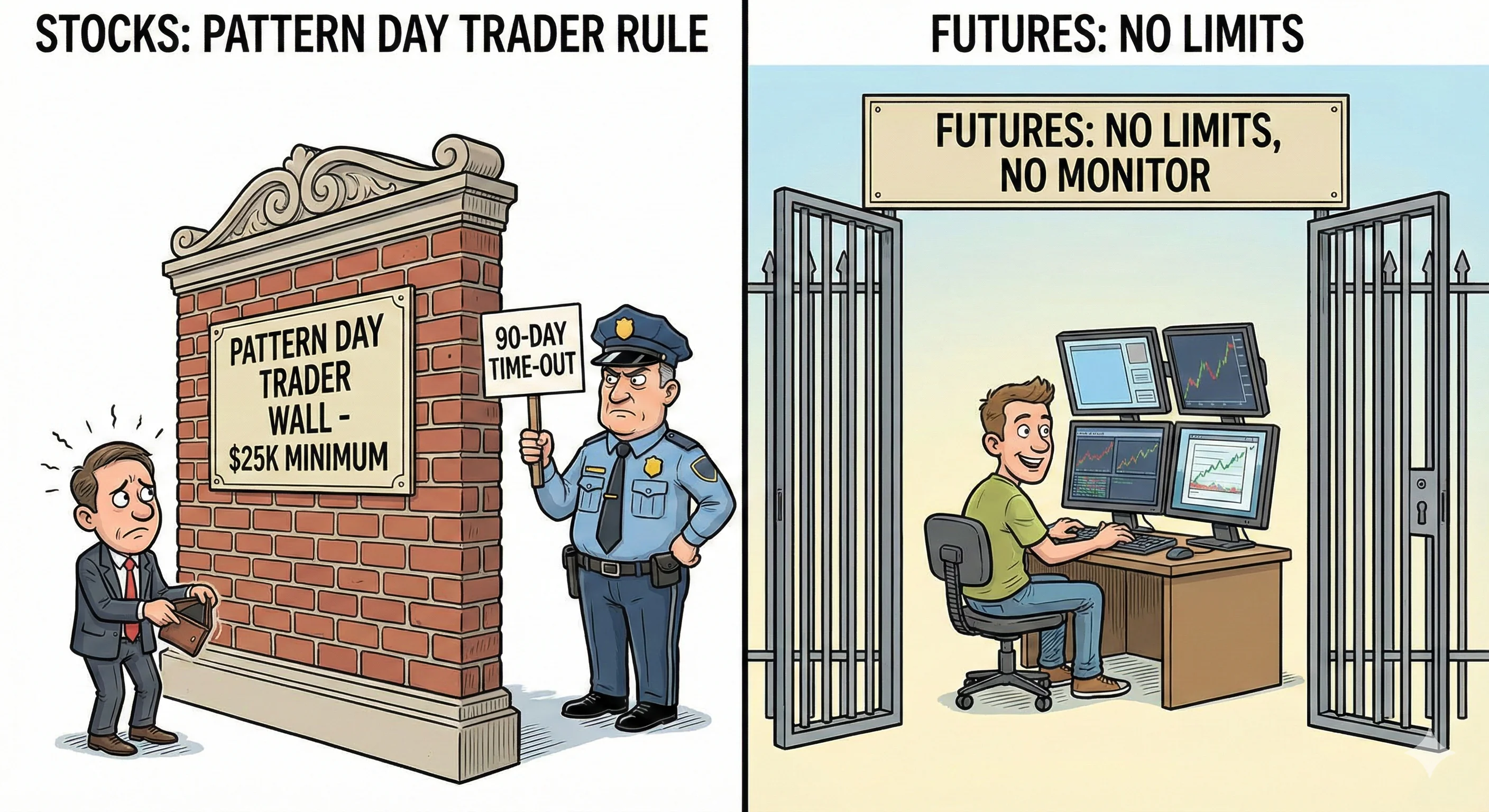 Stocks: Pattern Day Trader Rule wall versus Futures: No limits, no monitor