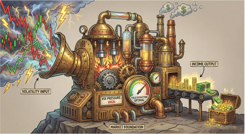 The Volatility Harvesting Machine — Volatility input becomes income output through the yield extraction engine