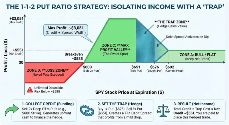 The 1-1-2 Put Ratio Strategy diagram showing profit/loss zones, the Trap Zone, Max Profit Valley, and the Loss Zone