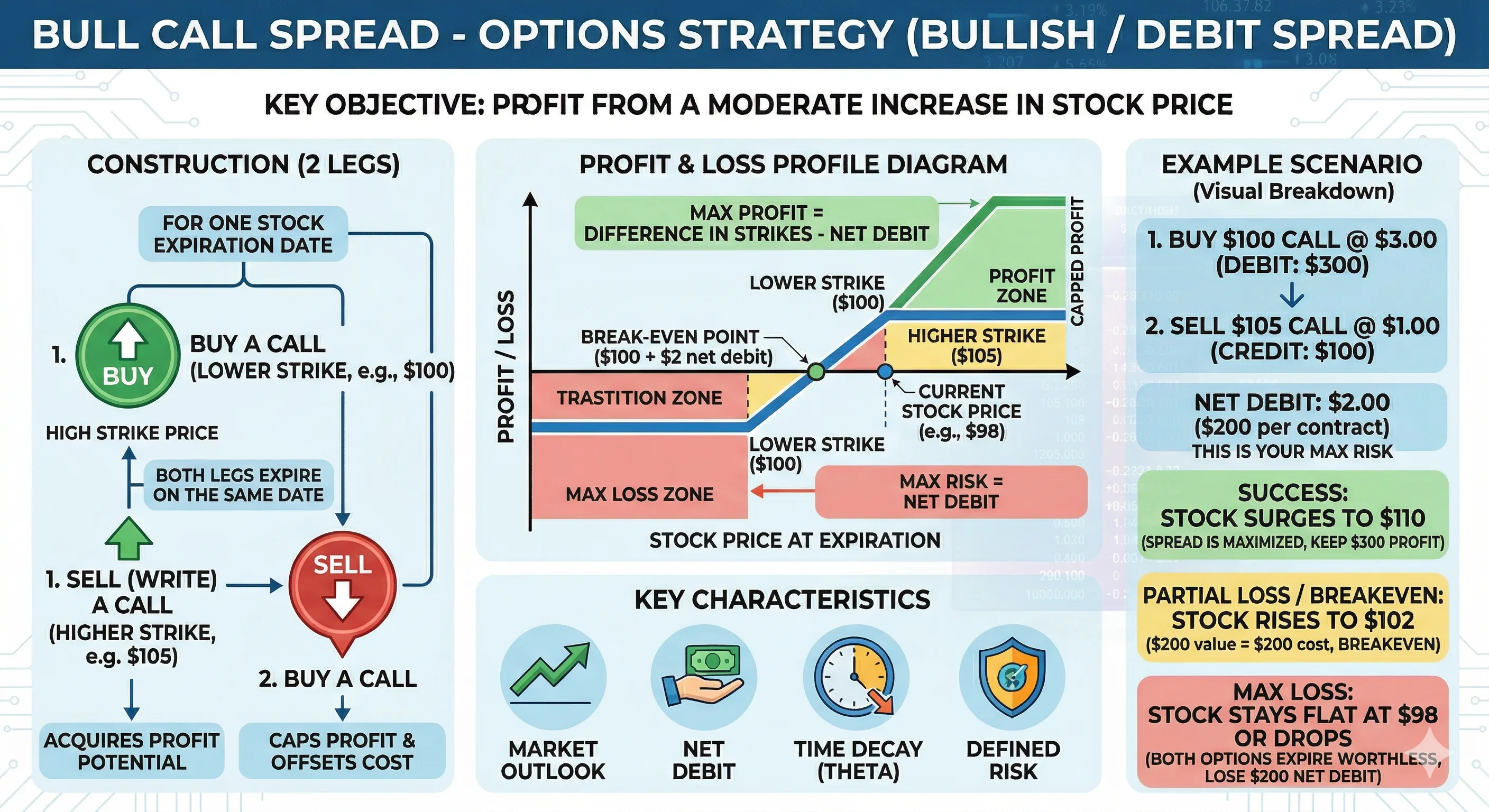 Bull Call Spread payoff diagram — buy lower strike call, sell higher strike call for defined-risk debit