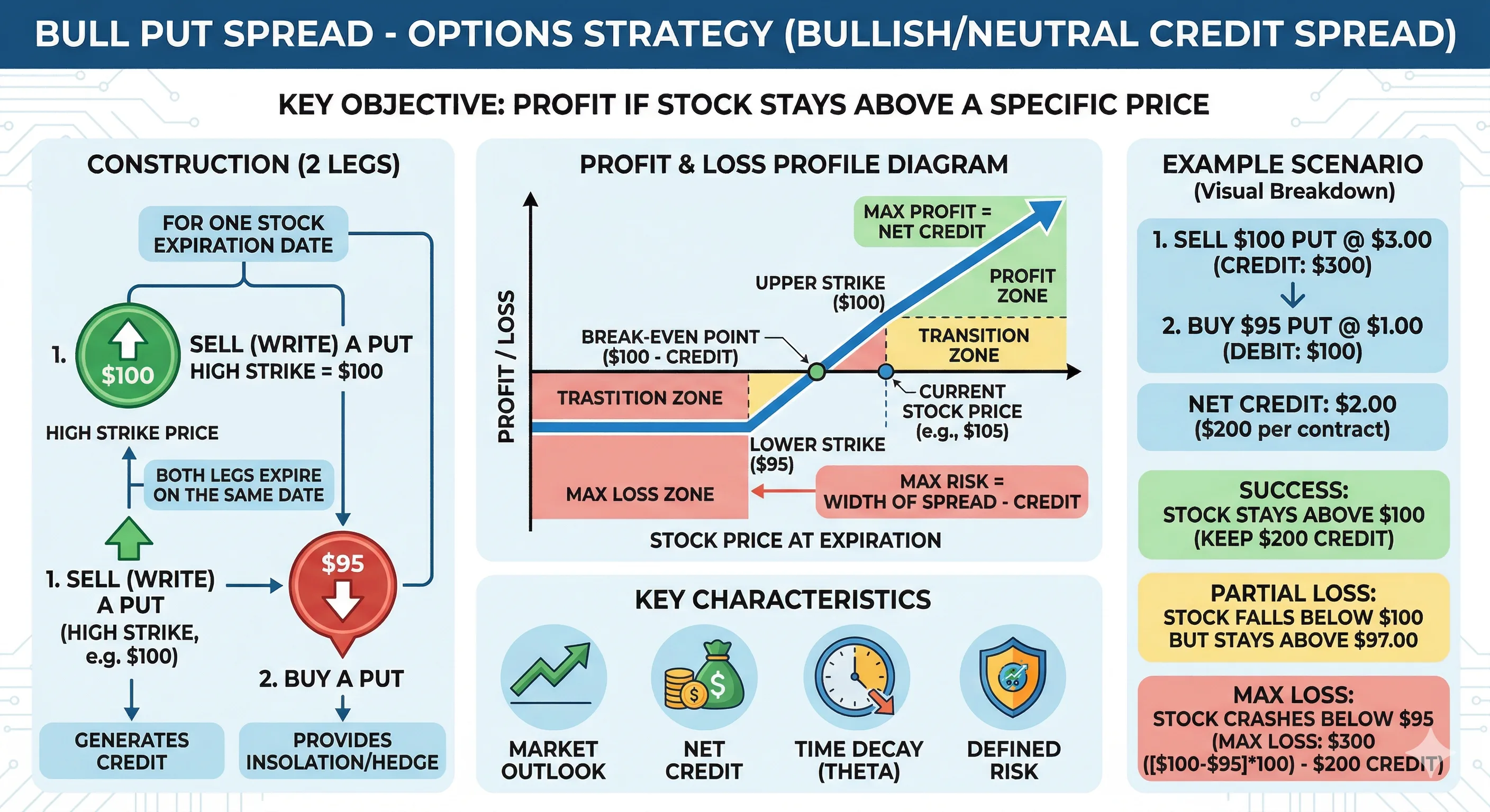 Bull Put Spread payoff diagram — sell higher strike put, buy lower strike put for defined-risk credit