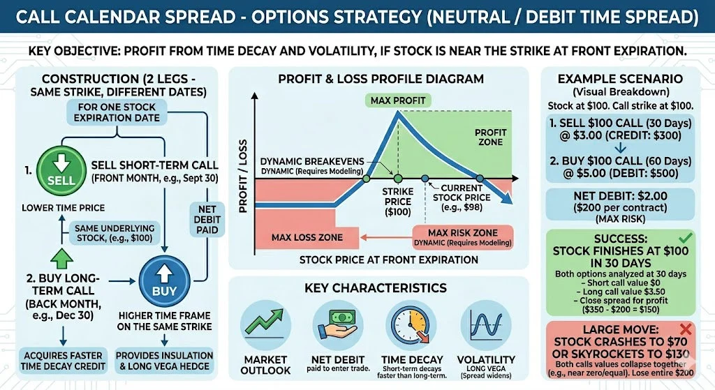 Call Calendar Spread payoff diagram — buy long-dated call, sell short-dated call at same strike
