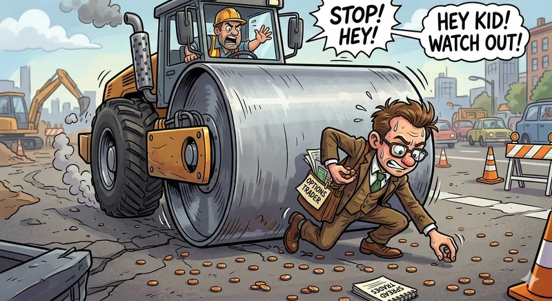 Cartoon: kid picking up pennies in front of a steamroller — the classic options selling metaphor