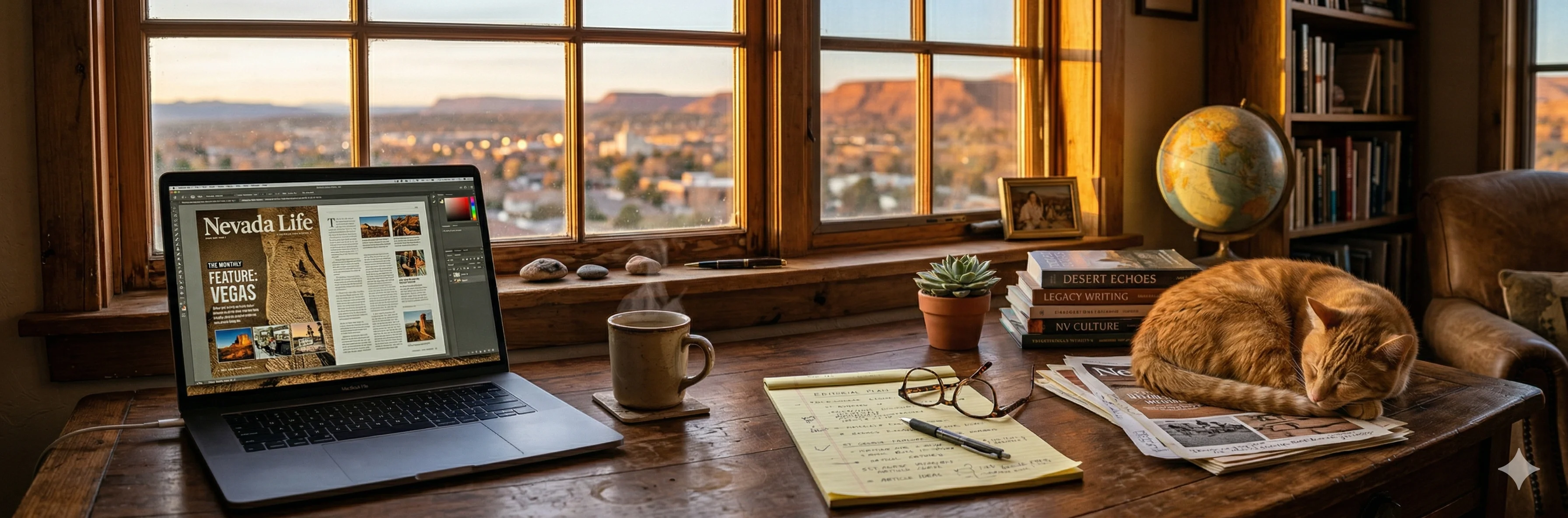 Claire Kristensen's editorial workspace — Las Vegas golden hour