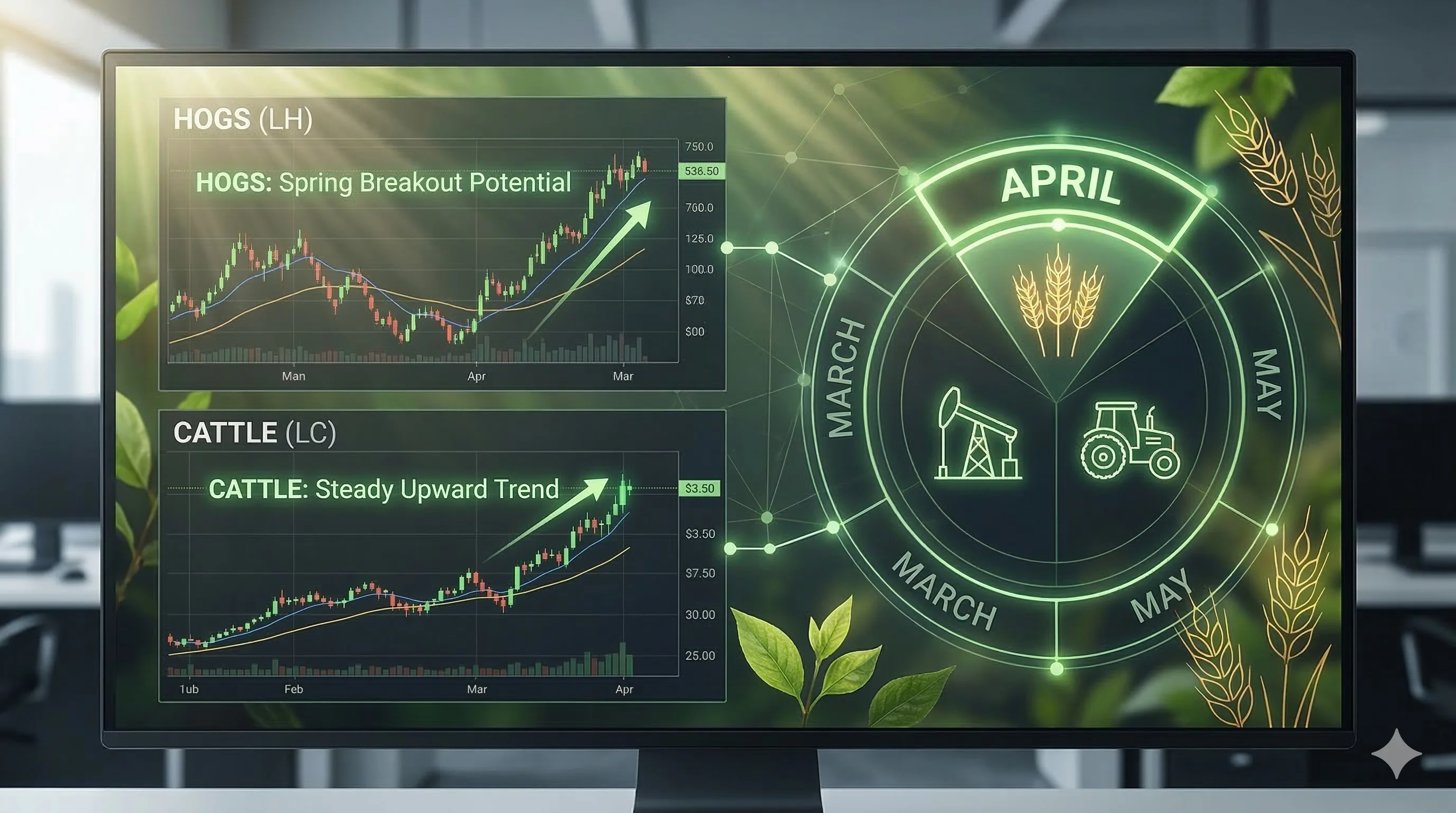 Live Cattle and Lean Hog seasonal charts for April