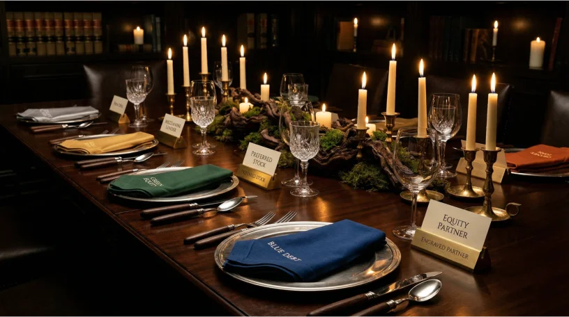 Five candlelit place settings representing Strategy Inc. preferred stock instruments