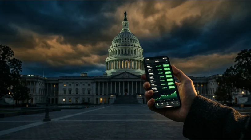 U.S. Capitol building at dusk with a hand holding a stock trading app
