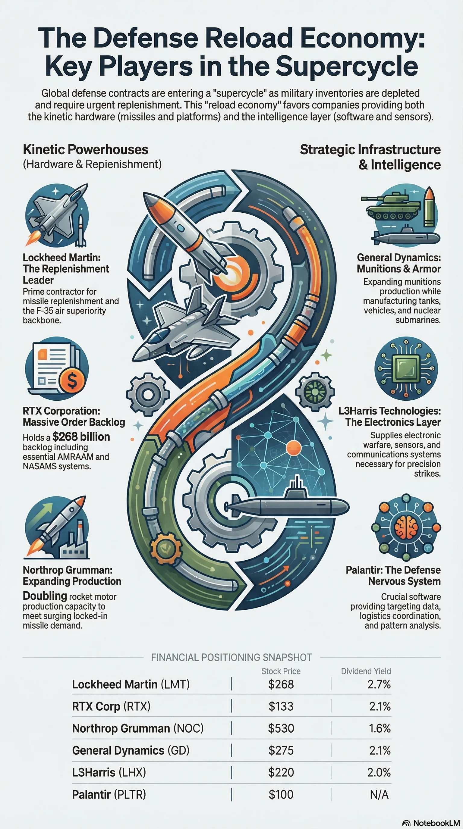 The Defense Reload Economy — Key Players in the Supercycle: Lockheed Martin, RTX, Northrop Grumman, General Dynamics, L3Harris, Palantir